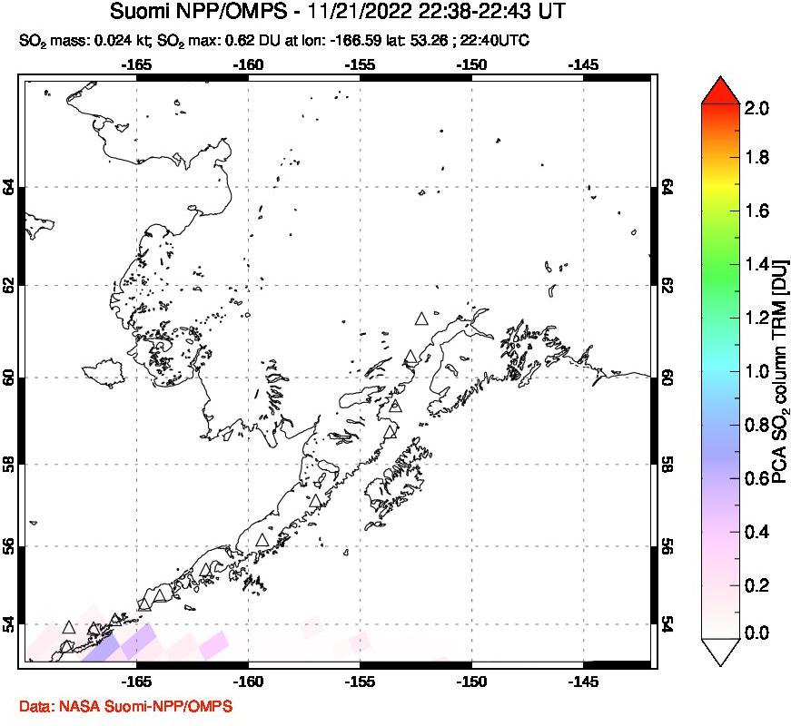 A sulfur dioxide image over Alaska, USA on Nov 21, 2022.
