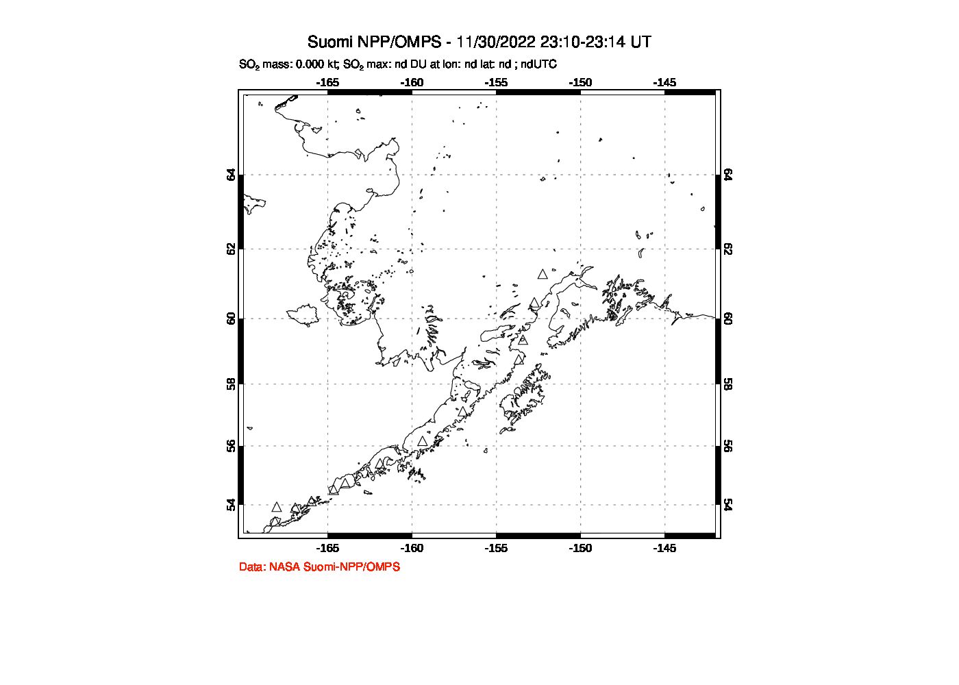 A sulfur dioxide image over Alaska, USA on Nov 30, 2022.