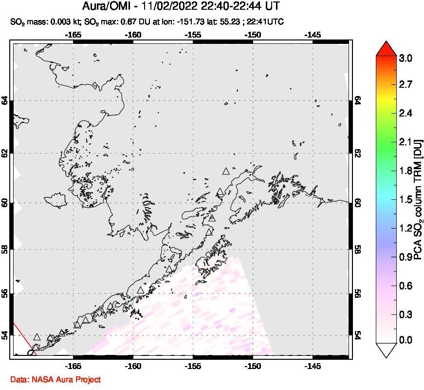 A sulfur dioxide image over Alaska, USA on Nov 02, 2022.