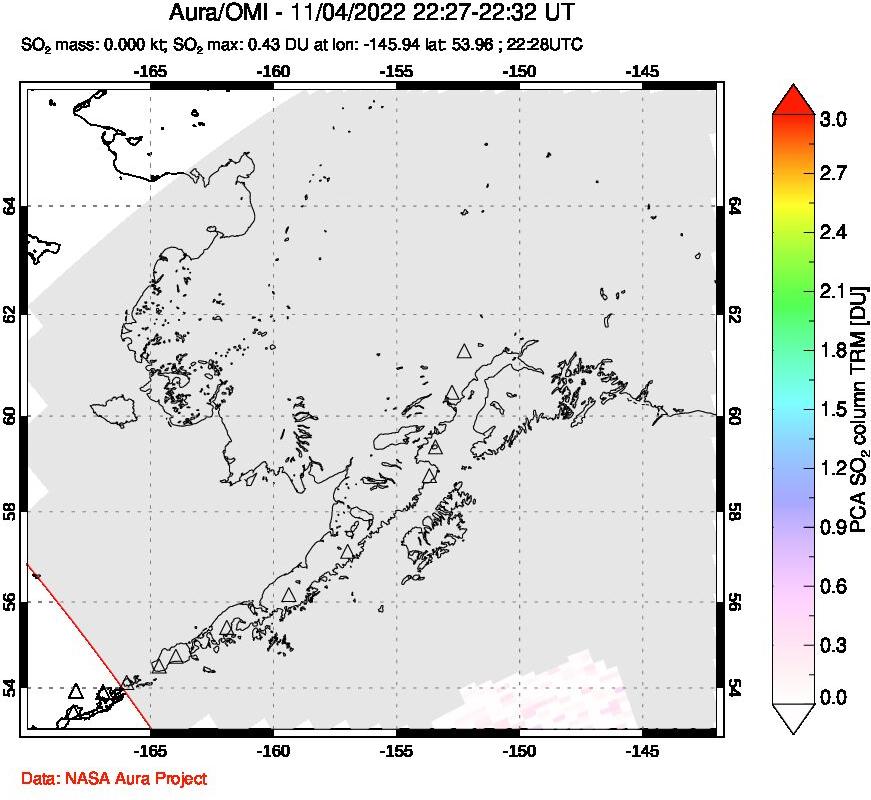 A sulfur dioxide image over Alaska, USA on Nov 04, 2022.