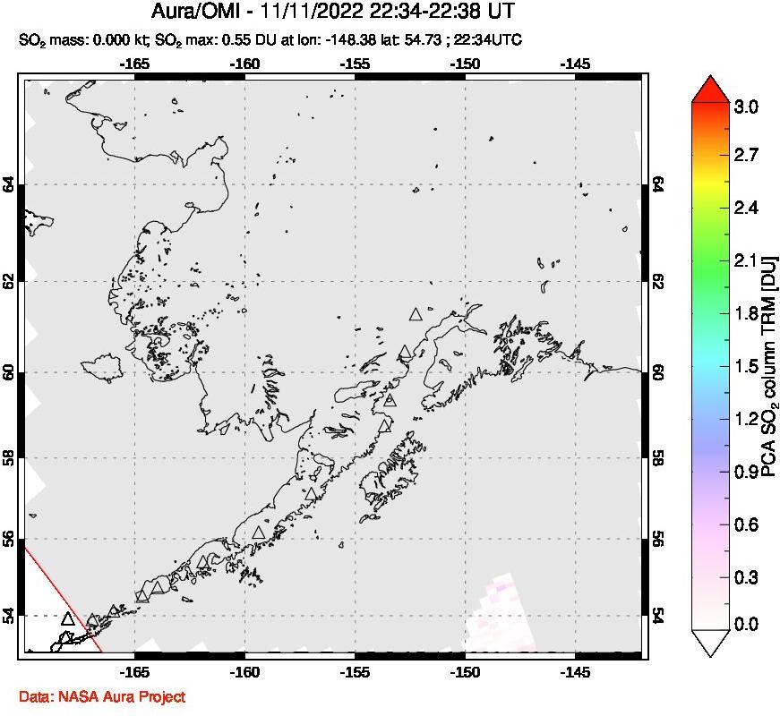 A sulfur dioxide image over Alaska, USA on Nov 11, 2022.