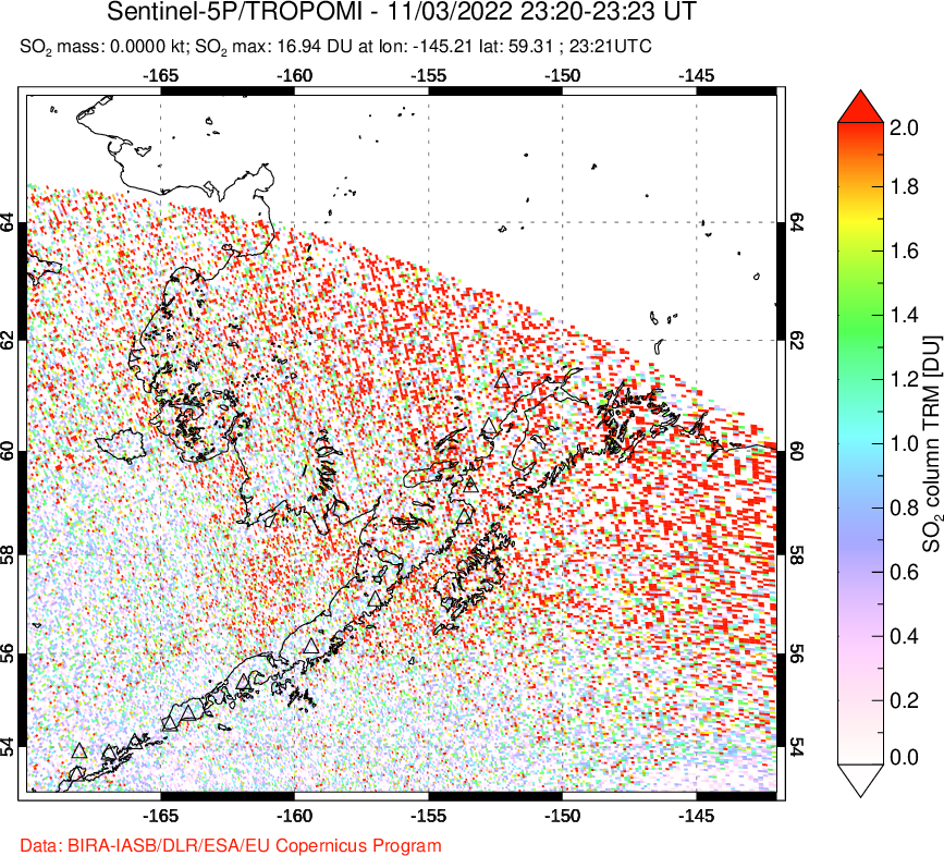 A sulfur dioxide image over Alaska, USA on Nov 03, 2022.