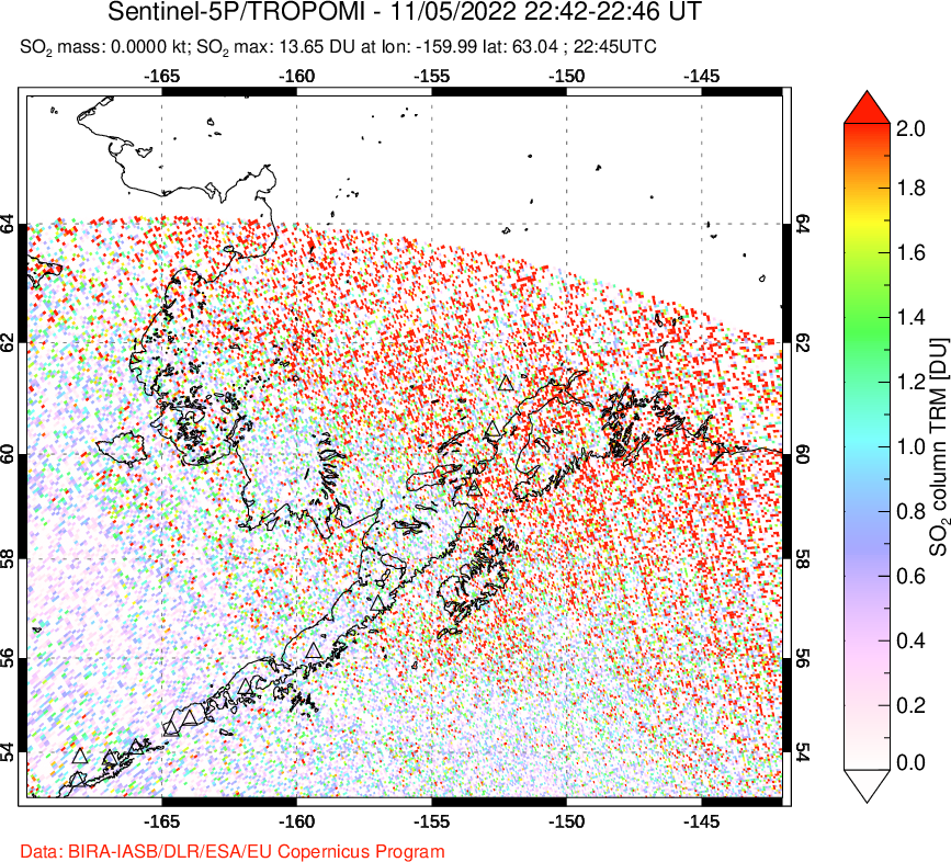 A sulfur dioxide image over Alaska, USA on Nov 05, 2022.