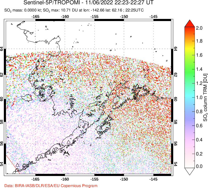 A sulfur dioxide image over Alaska, USA on Nov 06, 2022.