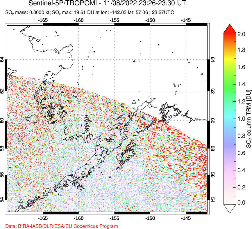 A sulfur dioxide image over Alaska, USA on Nov 08, 2022.