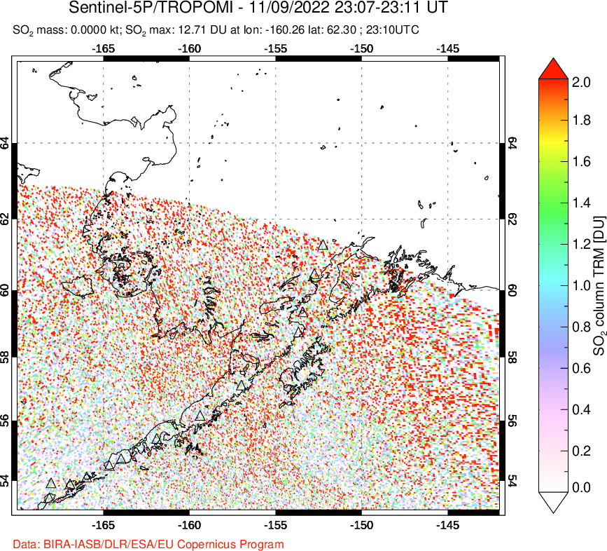 A sulfur dioxide image over Alaska, USA on Nov 09, 2022.