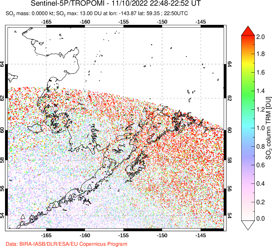 A sulfur dioxide image over Alaska, USA on Nov 10, 2022.