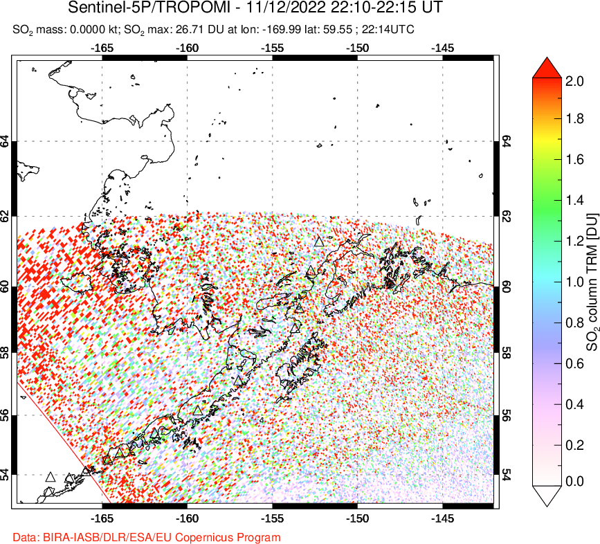A sulfur dioxide image over Alaska, USA on Nov 12, 2022.