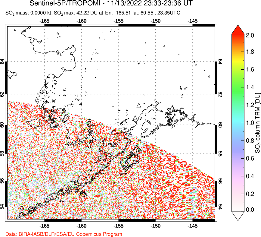 A sulfur dioxide image over Alaska, USA on Nov 13, 2022.