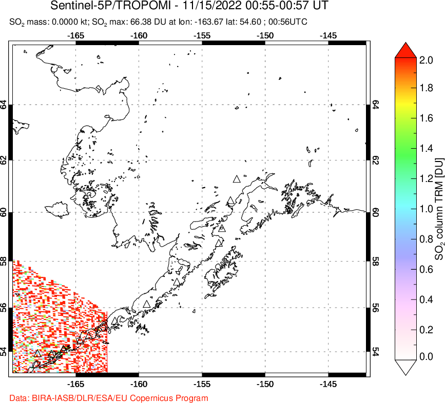 A sulfur dioxide image over Alaska, USA on Nov 15, 2022.