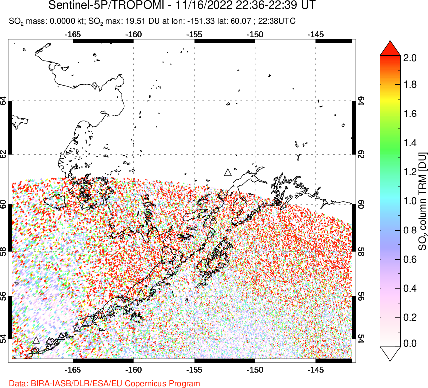 A sulfur dioxide image over Alaska, USA on Nov 16, 2022.