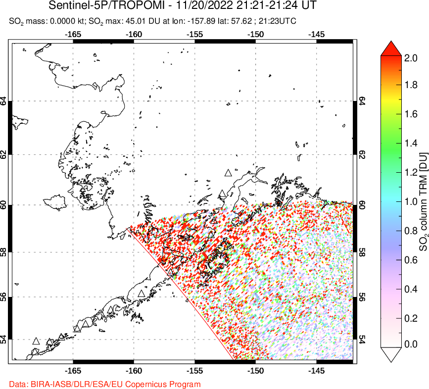 A sulfur dioxide image over Alaska, USA on Nov 20, 2022.