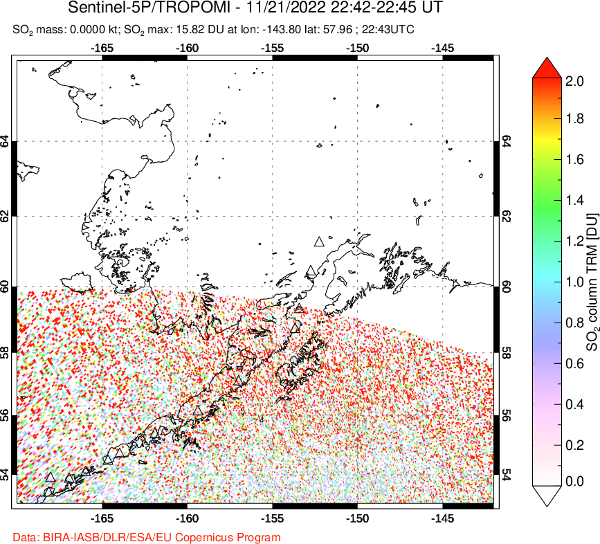 A sulfur dioxide image over Alaska, USA on Nov 21, 2022.