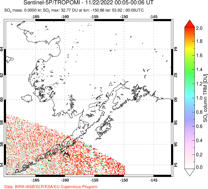 A sulfur dioxide image over Alaska, USA on Nov 22, 2022.