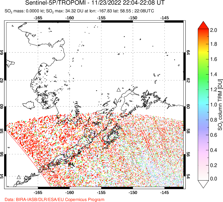 A sulfur dioxide image over Alaska, USA on Nov 23, 2022.