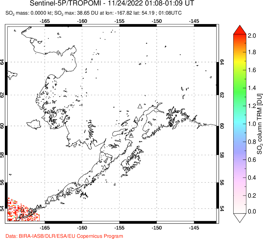 A sulfur dioxide image over Alaska, USA on Nov 24, 2022.