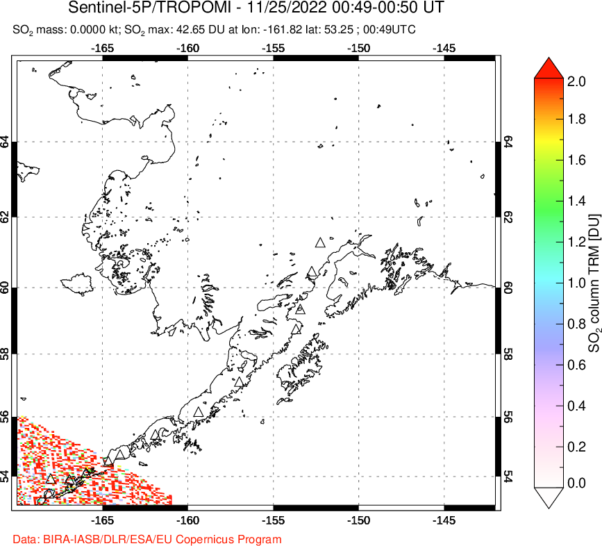 A sulfur dioxide image over Alaska, USA on Nov 25, 2022.
