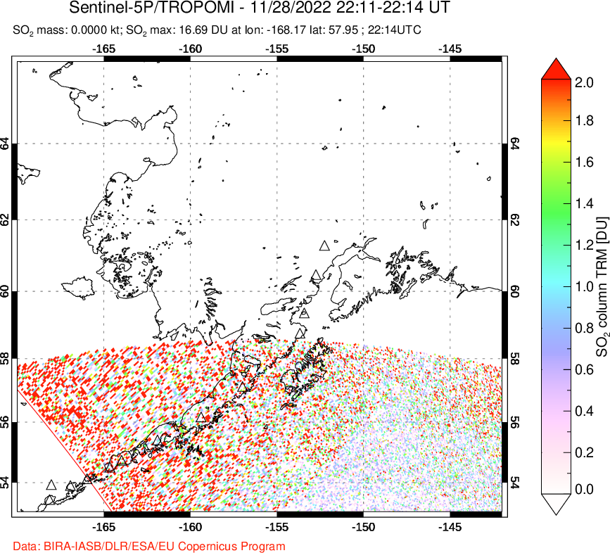 A sulfur dioxide image over Alaska, USA on Nov 28, 2022.