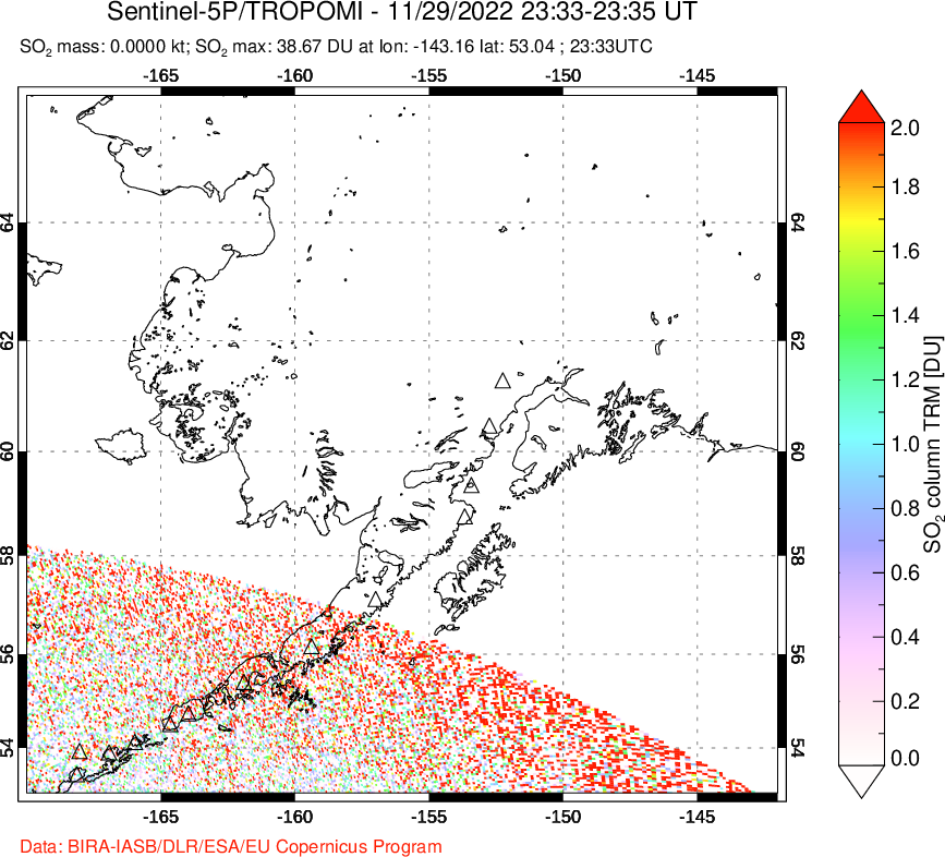 A sulfur dioxide image over Alaska, USA on Nov 29, 2022.