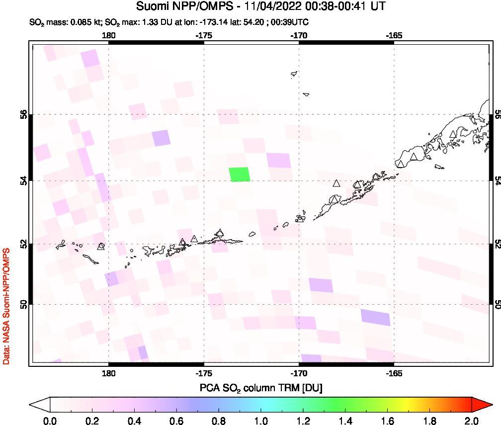 A sulfur dioxide image over Aleutian Islands, Alaska, USA on Nov 04, 2022.
