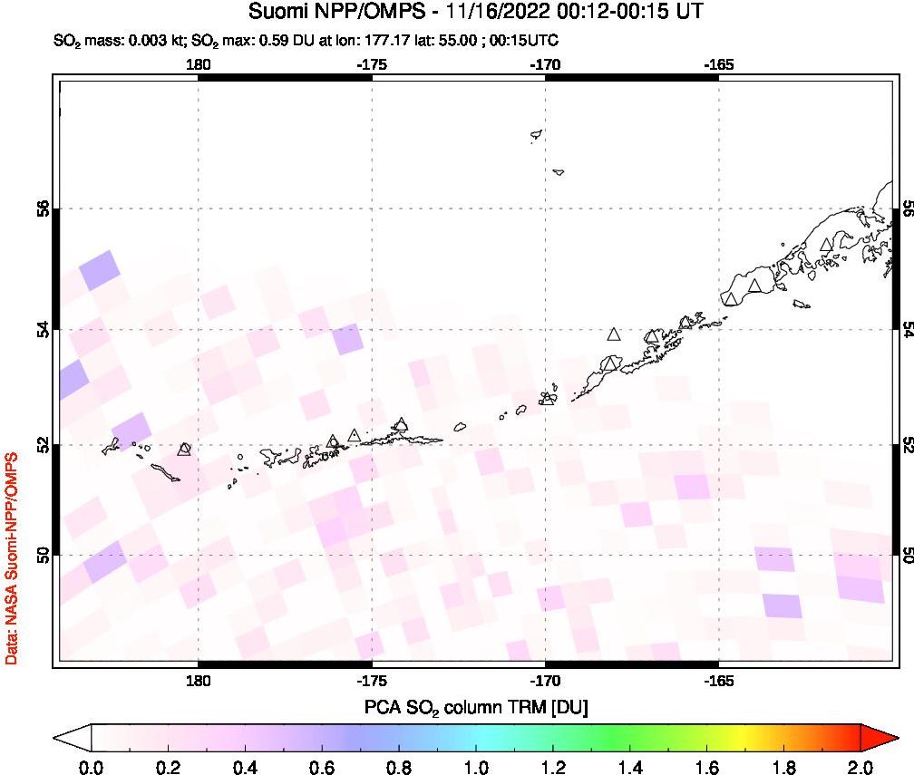 A sulfur dioxide image over Aleutian Islands, Alaska, USA on Nov 16, 2022.