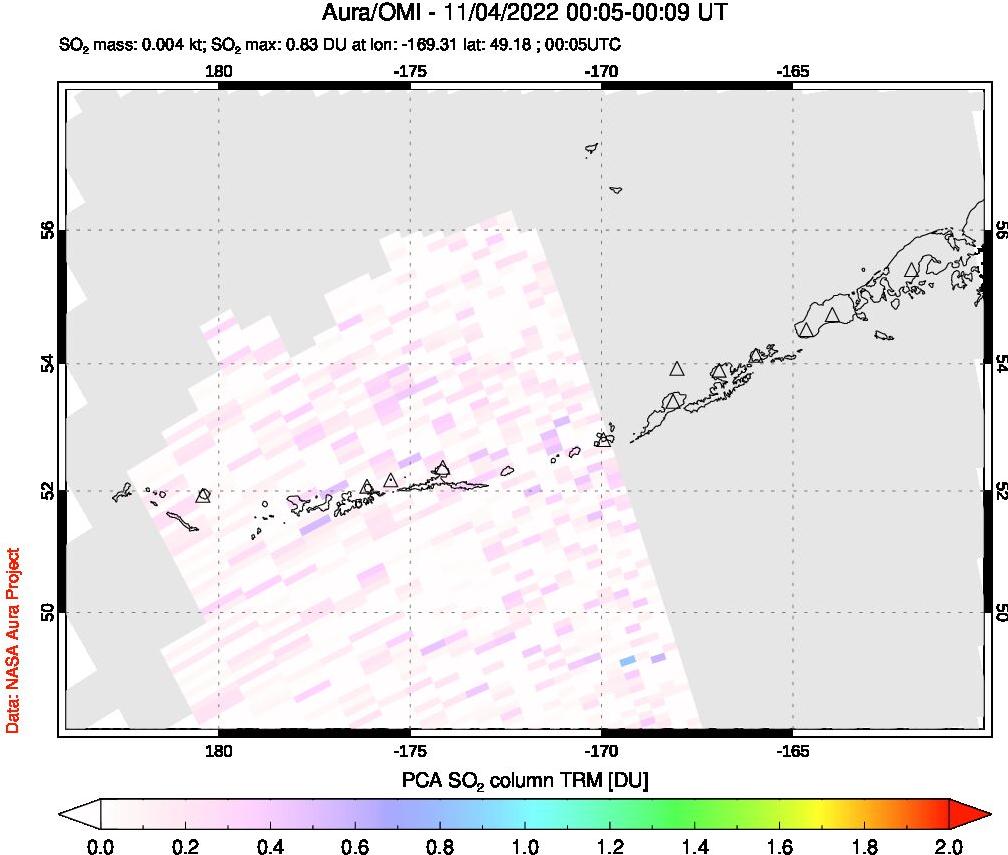 A sulfur dioxide image over Aleutian Islands, Alaska, USA on Nov 04, 2022.