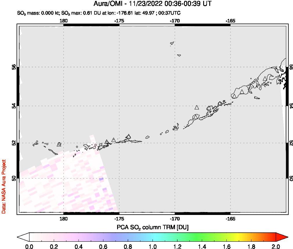 A sulfur dioxide image over Aleutian Islands, Alaska, USA on Nov 23, 2022.