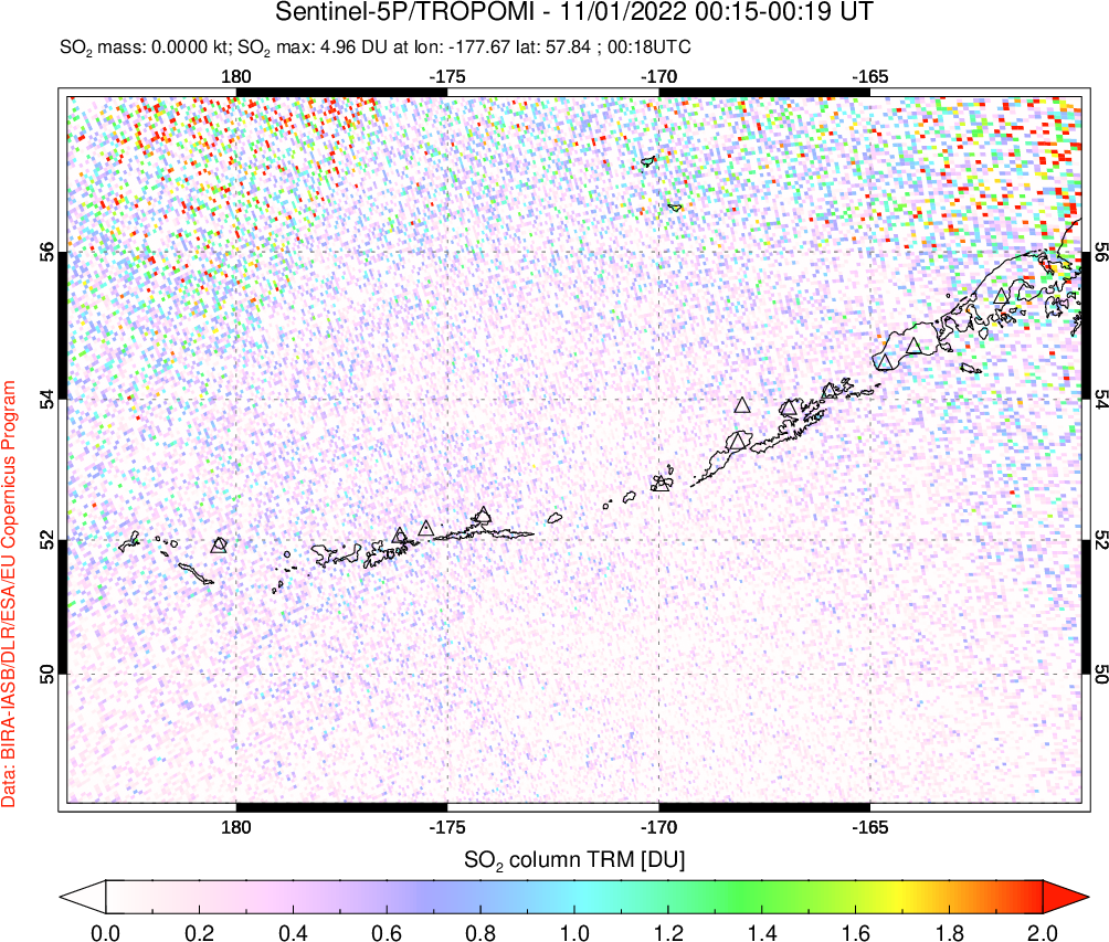 A sulfur dioxide image over Aleutian Islands, Alaska, USA on Nov 01, 2022.