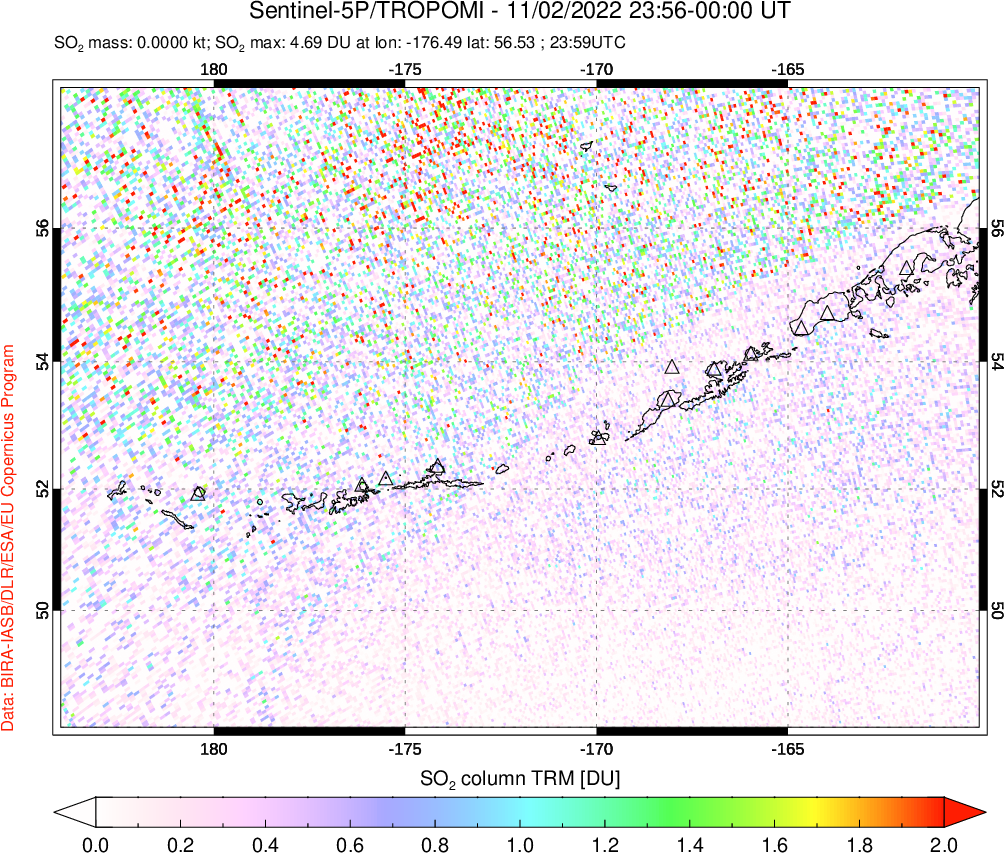 A sulfur dioxide image over Aleutian Islands, Alaska, USA on Nov 02, 2022.