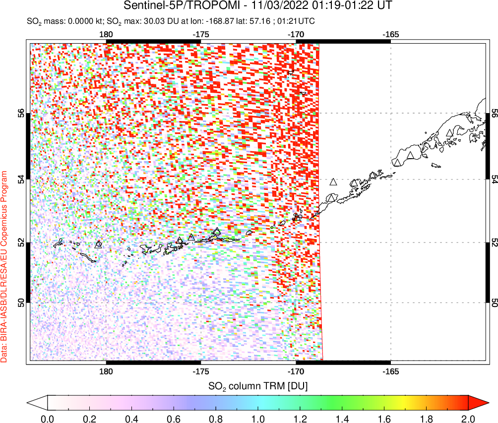 A sulfur dioxide image over Aleutian Islands, Alaska, USA on Nov 03, 2022.