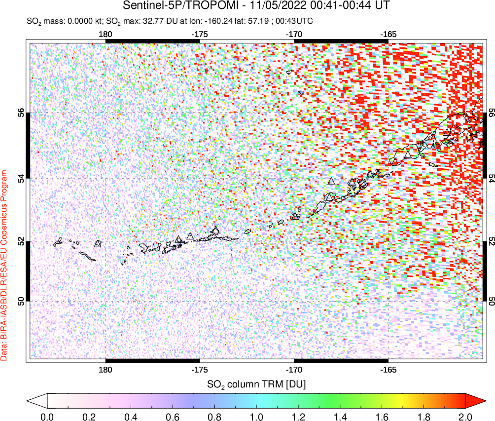 A sulfur dioxide image over Aleutian Islands, Alaska, USA on Nov 05, 2022.