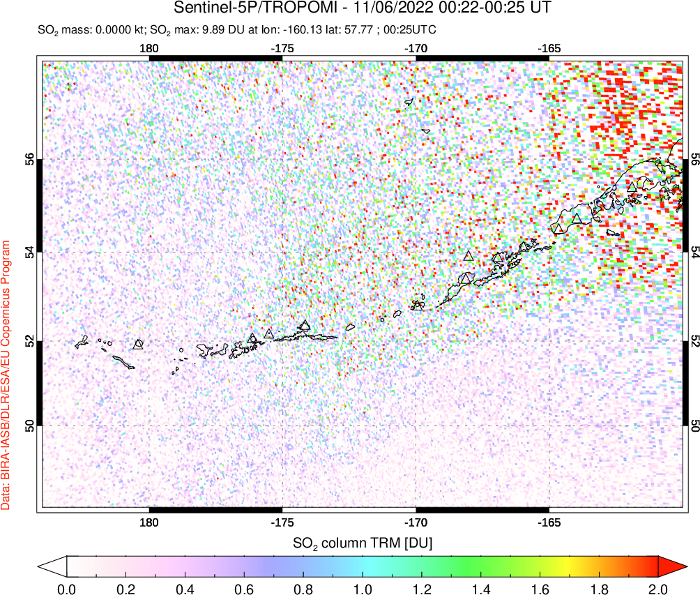 A sulfur dioxide image over Aleutian Islands, Alaska, USA on Nov 06, 2022.