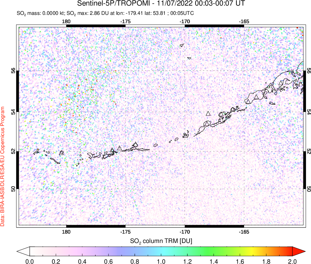 A sulfur dioxide image over Aleutian Islands, Alaska, USA on Nov 07, 2022.