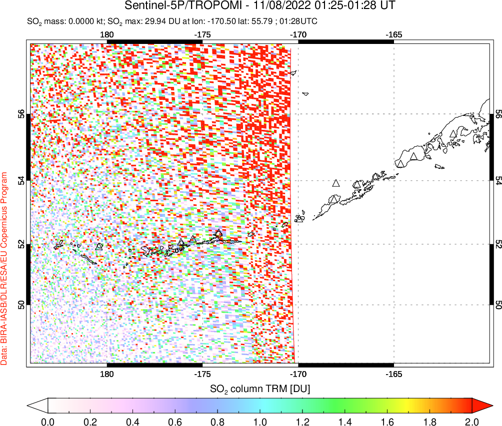 A sulfur dioxide image over Aleutian Islands, Alaska, USA on Nov 08, 2022.