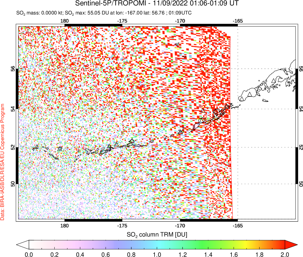 A sulfur dioxide image over Aleutian Islands, Alaska, USA on Nov 09, 2022.