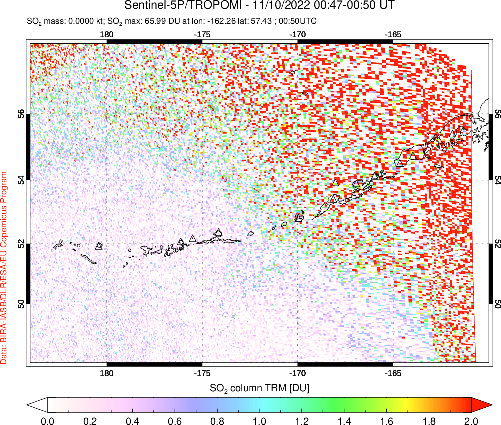 A sulfur dioxide image over Aleutian Islands, Alaska, USA on Nov 10, 2022.