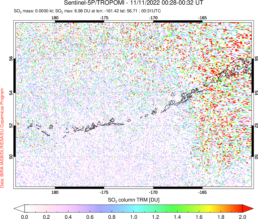 A sulfur dioxide image over Aleutian Islands, Alaska, USA on Nov 11, 2022.