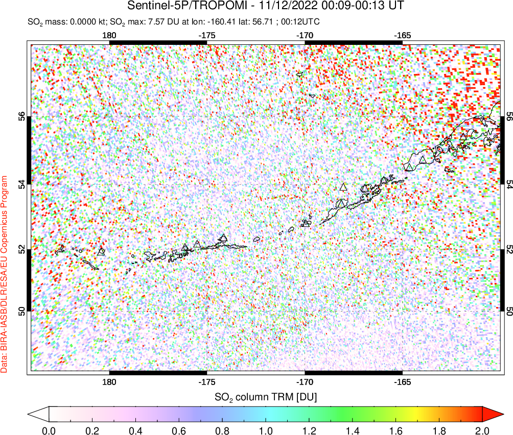A sulfur dioxide image over Aleutian Islands, Alaska, USA on Nov 12, 2022.