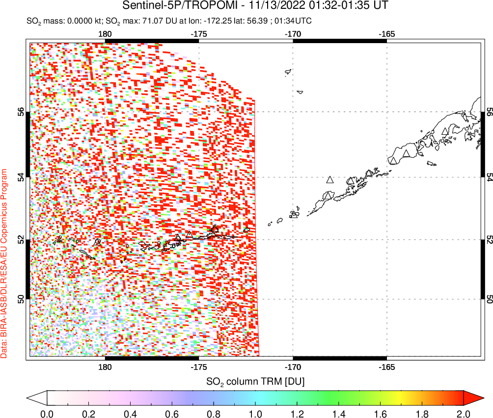 A sulfur dioxide image over Aleutian Islands, Alaska, USA on Nov 13, 2022.