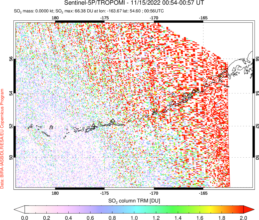 A sulfur dioxide image over Aleutian Islands, Alaska, USA on Nov 15, 2022.