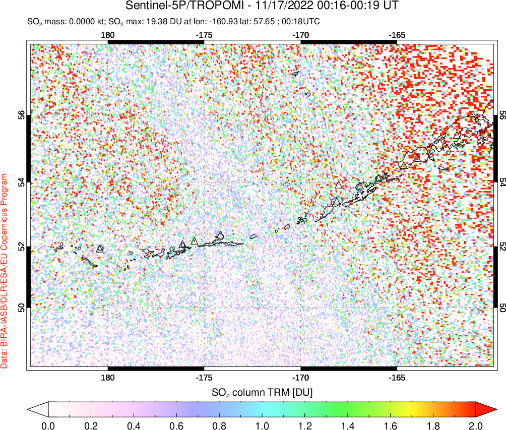 A sulfur dioxide image over Aleutian Islands, Alaska, USA on Nov 17, 2022.