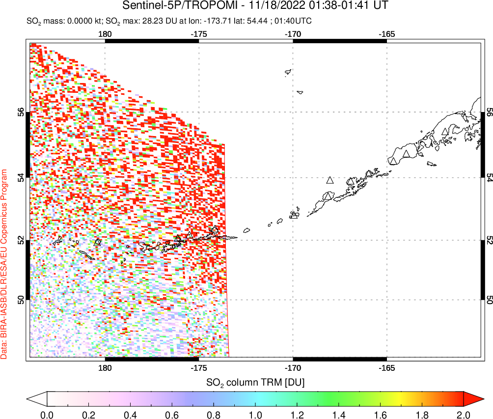 A sulfur dioxide image over Aleutian Islands, Alaska, USA on Nov 18, 2022.