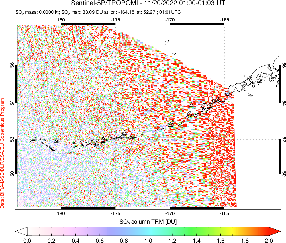 A sulfur dioxide image over Aleutian Islands, Alaska, USA on Nov 20, 2022.