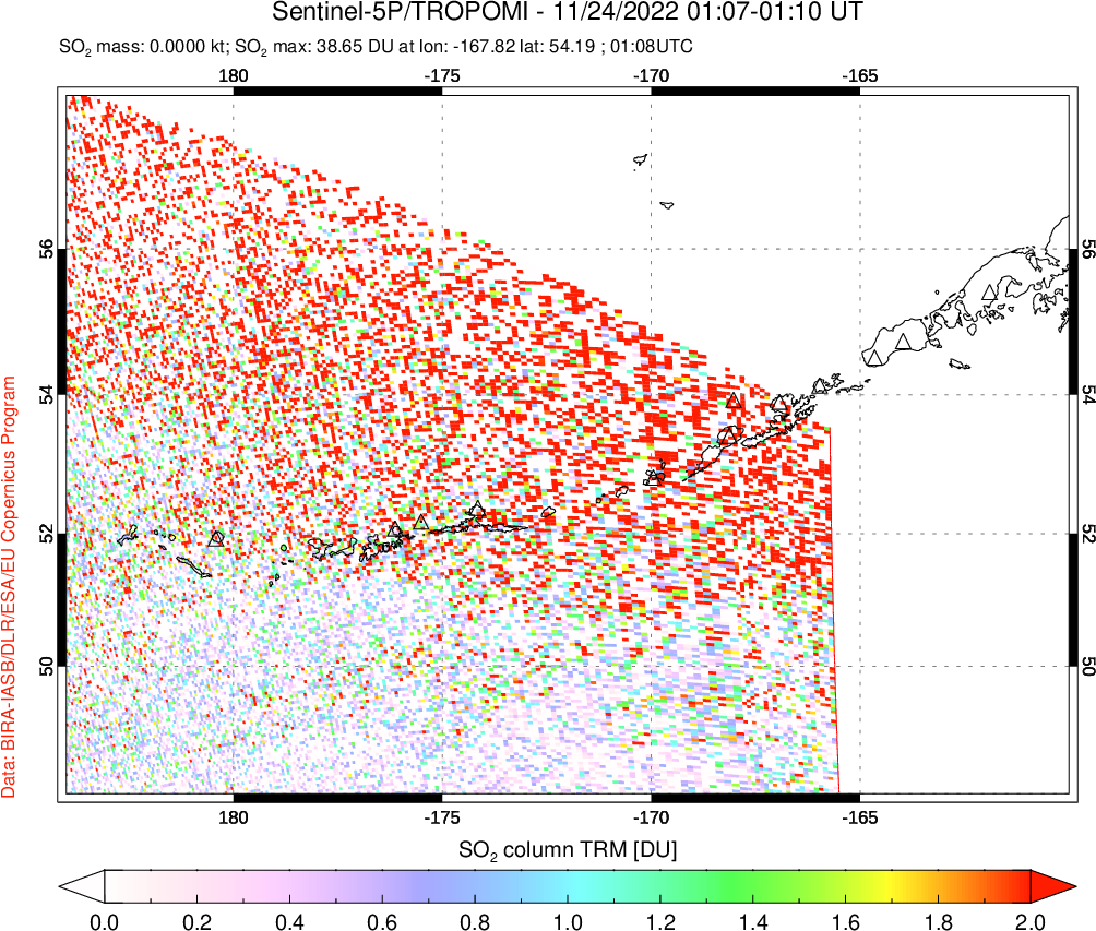A sulfur dioxide image over Aleutian Islands, Alaska, USA on Nov 24, 2022.