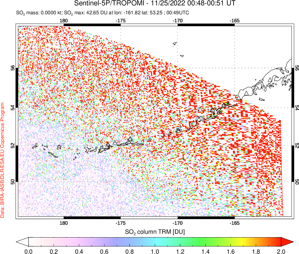 A sulfur dioxide image over Aleutian Islands, Alaska, USA on Nov 25, 2022.