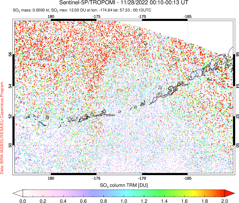 A sulfur dioxide image over Aleutian Islands, Alaska, USA on Nov 28, 2022.
