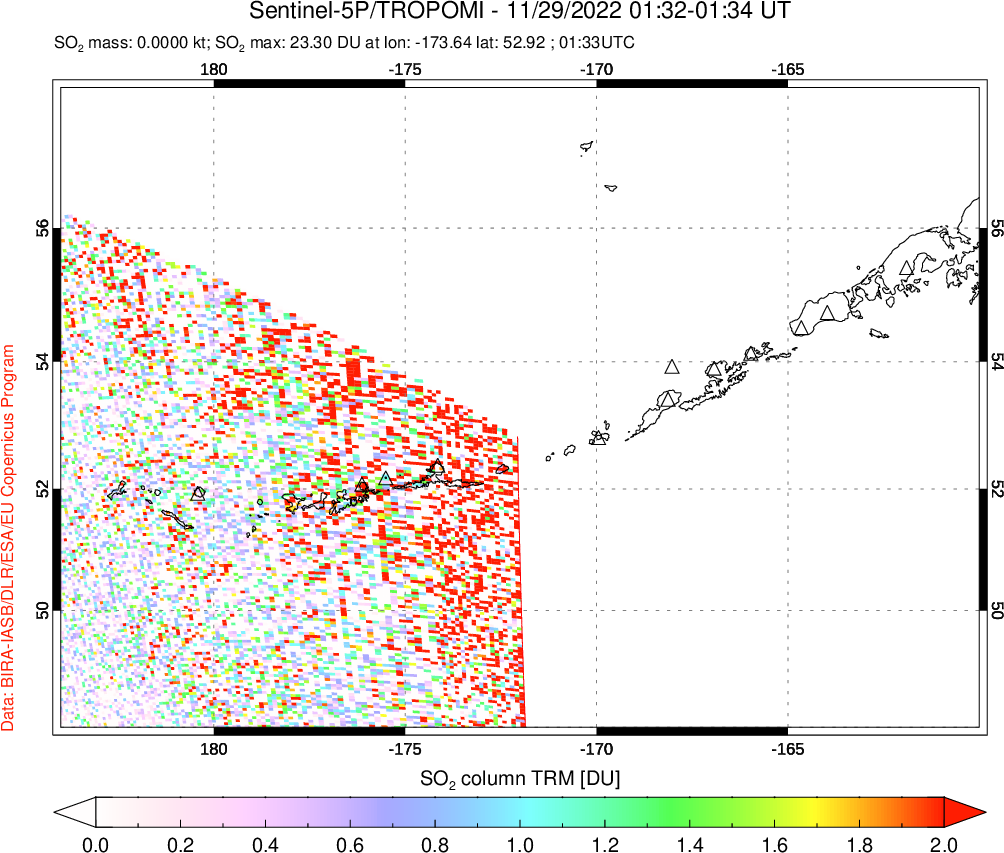 A sulfur dioxide image over Aleutian Islands, Alaska, USA on Nov 29, 2022.