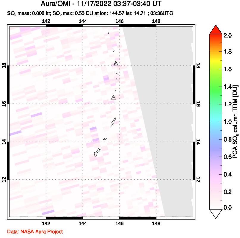 A sulfur dioxide image over Anatahan, Mariana Islands on Nov 17, 2022.