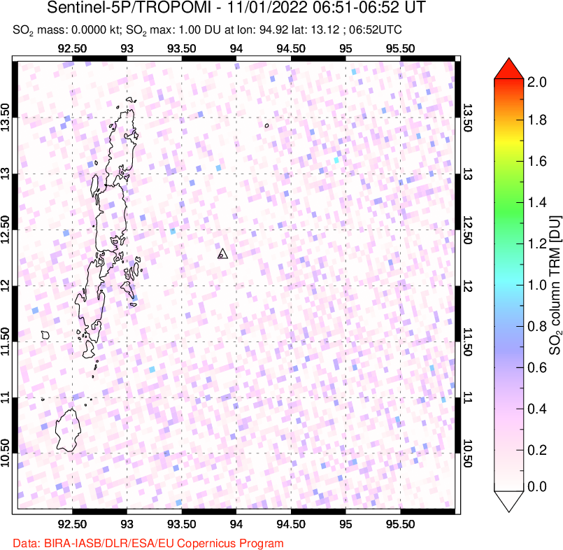 A sulfur dioxide image over Andaman Islands, Indian Ocean on Nov 01, 2022.