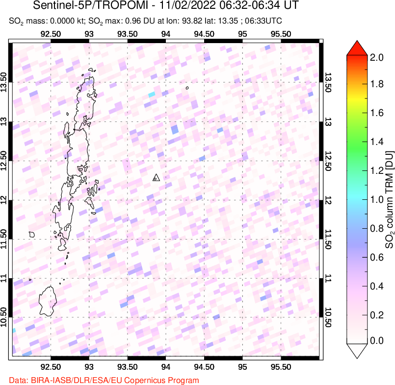 A sulfur dioxide image over Andaman Islands, Indian Ocean on Nov 02, 2022.